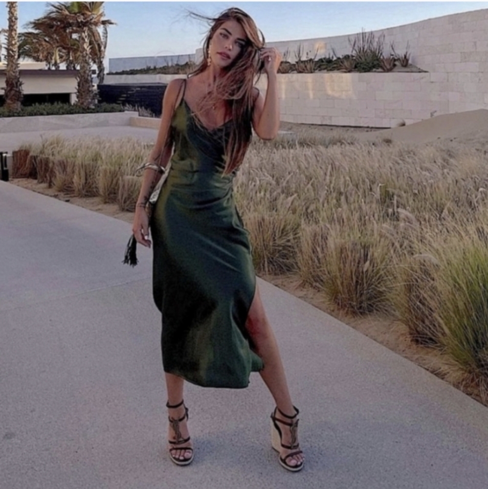 NWT ZARA Satin Effect Slip Green Draped lingerie style dress